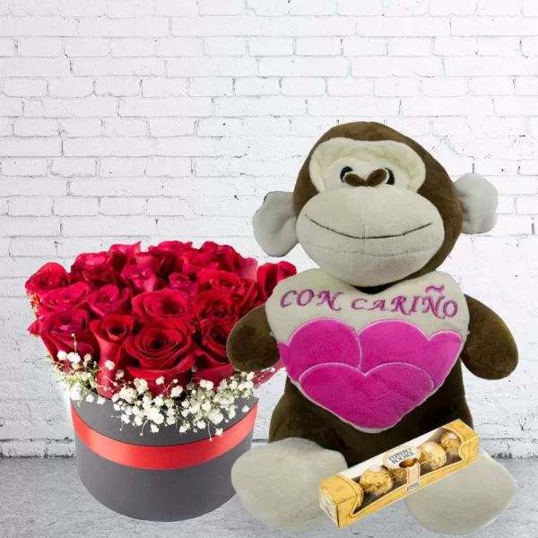 Caja Rosas Rojas Y Peluche
