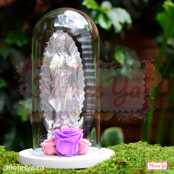 Virgen De Guadalupe Plateada Rosas Preservadas