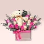 Caja De 24 Rosas Con Oso De Peluche